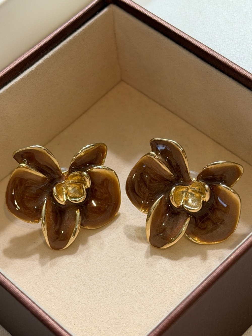 Vintage Golden Brown Enamel Butterfly Orchid Flower Statement Earrings.